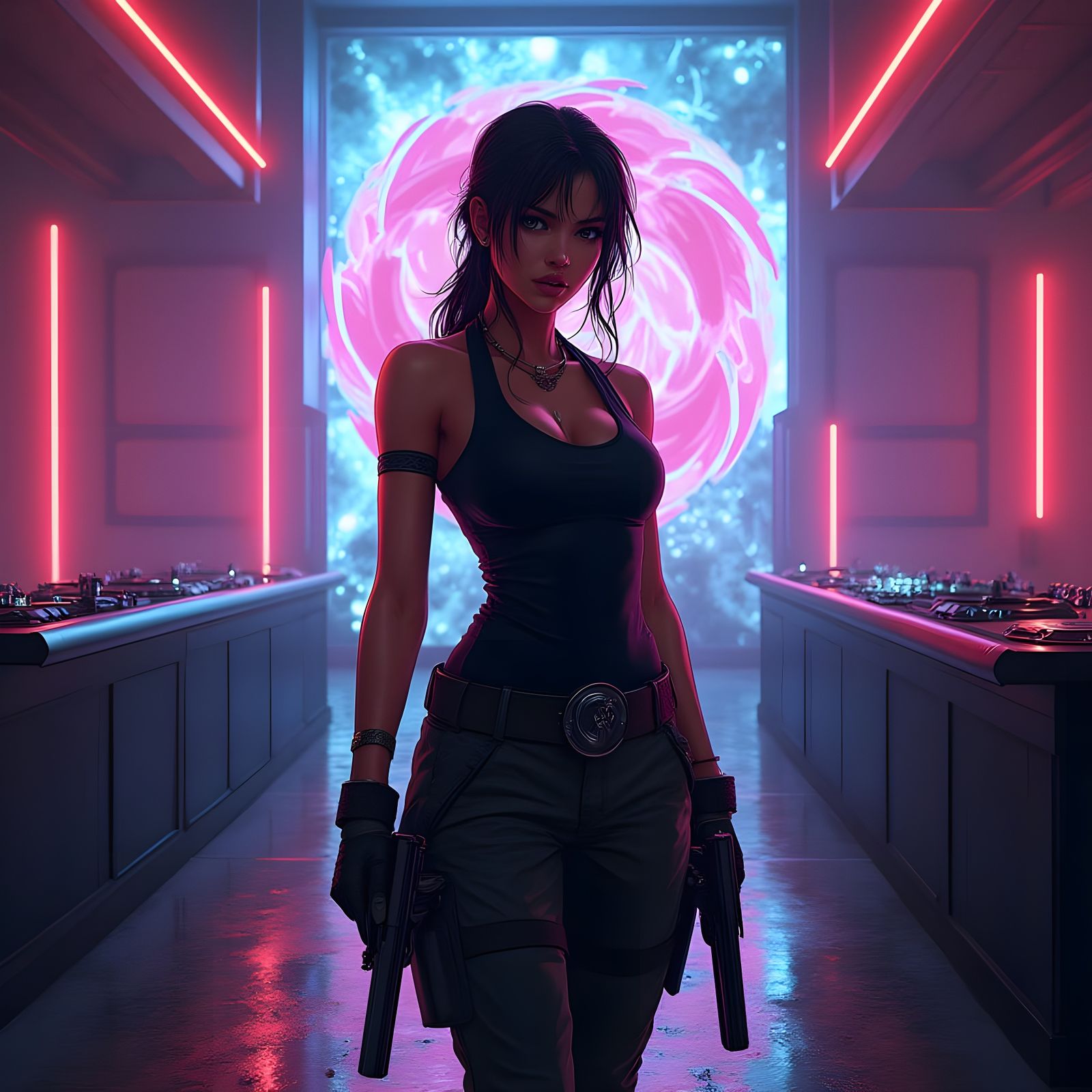 Lara Croft in Neon Cyberpunk DJ Scene