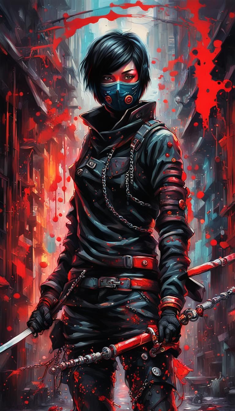 Cyberpunk Ninja Women in Gothic Graffiti Style