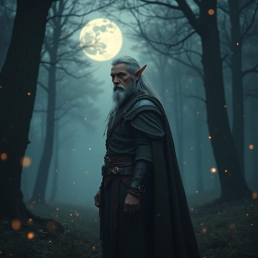 Elf Ranger Stands Guard in Misty Forest