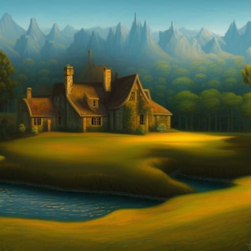 Cheese Chateau with Wine Stream, Fantastical Painting