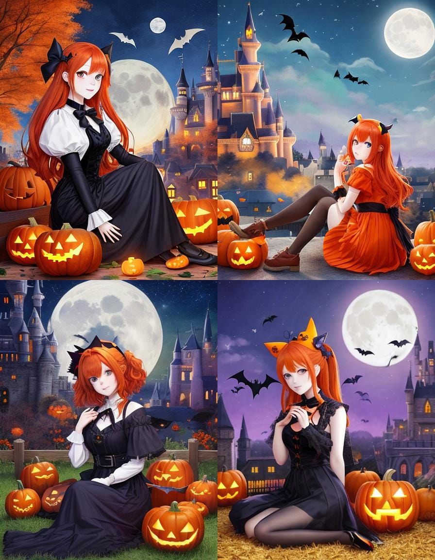 Redhead Girl with Pumpkin: Anime-Style Halloween Scene