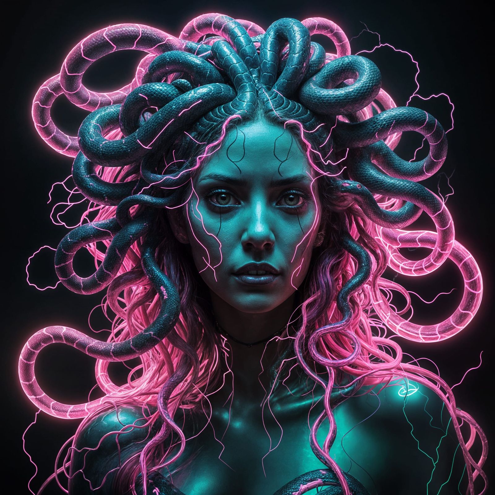 Electric Medusa with Neon Snake Hair and Electric Eel