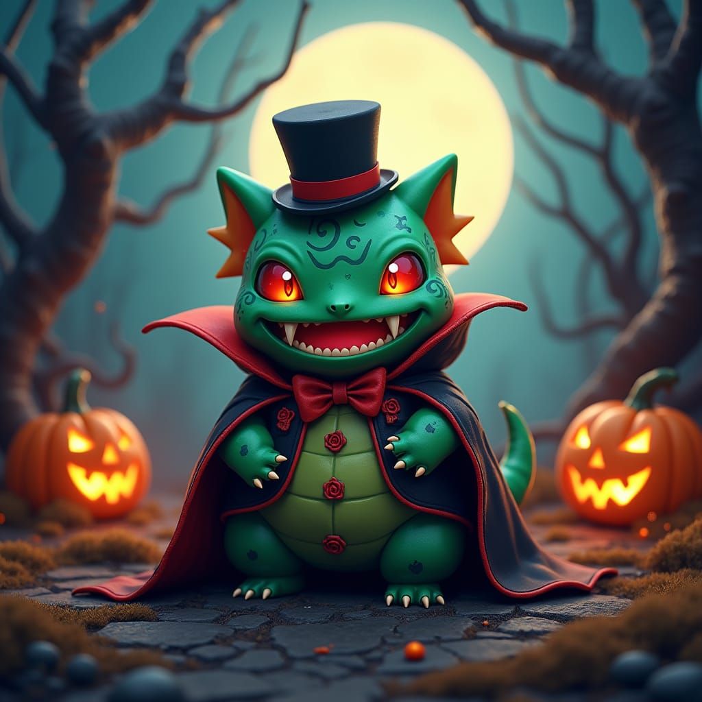 Bulbasaur as Victorian Vampire in Halloween Scene