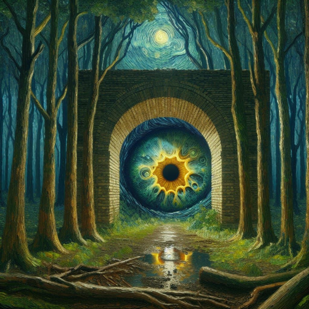 Surreal Eye in Forest Archway, Van Gogh Style