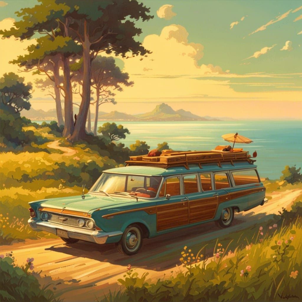 1960s Woody Wagon Drives to Summer Beach