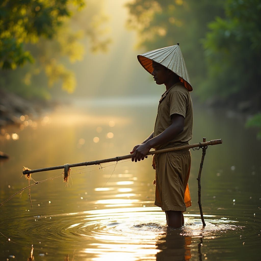 Indian Boy Fishing in Pond After Rain