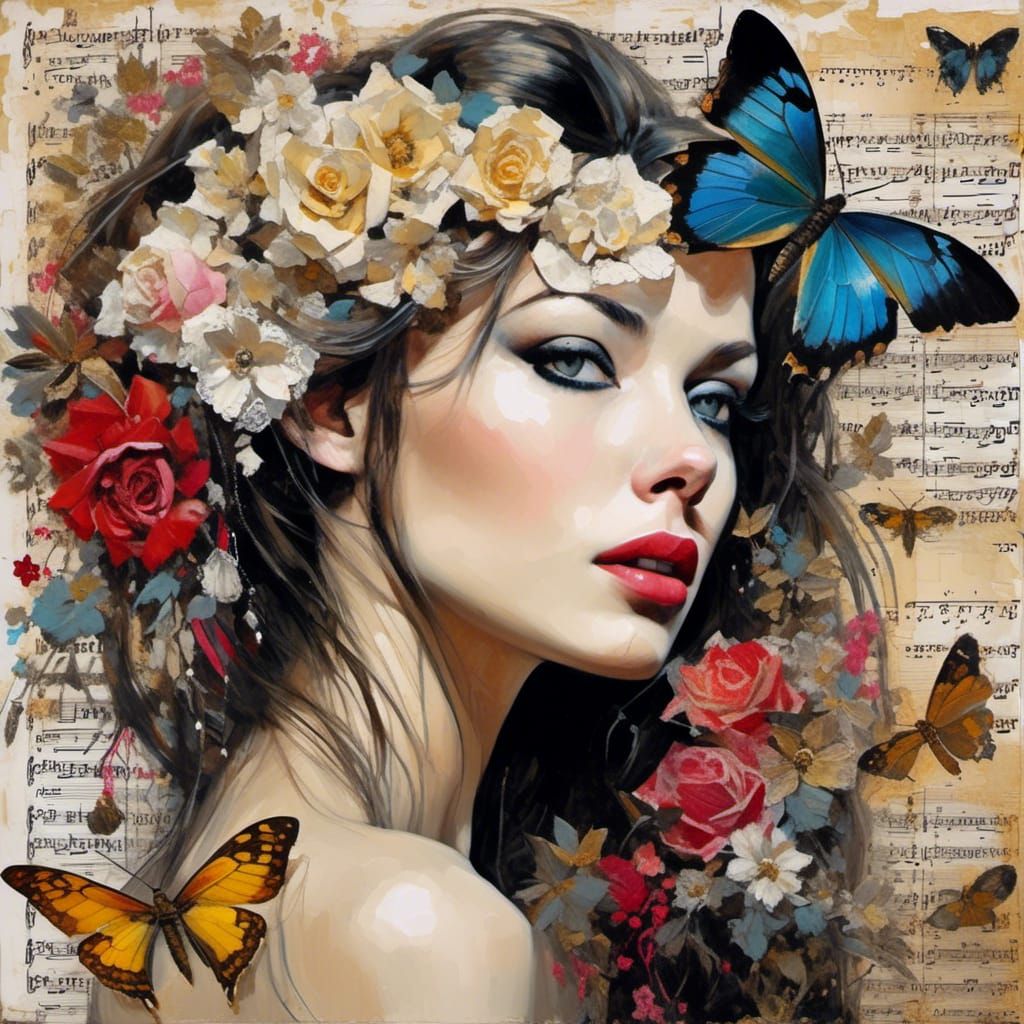 Detailed Mixed Media Collage with Pinup Model