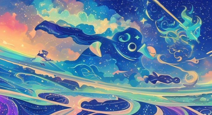 Surreal Cosmic Dreamscape with Parrot Fish and Celestial Whi...