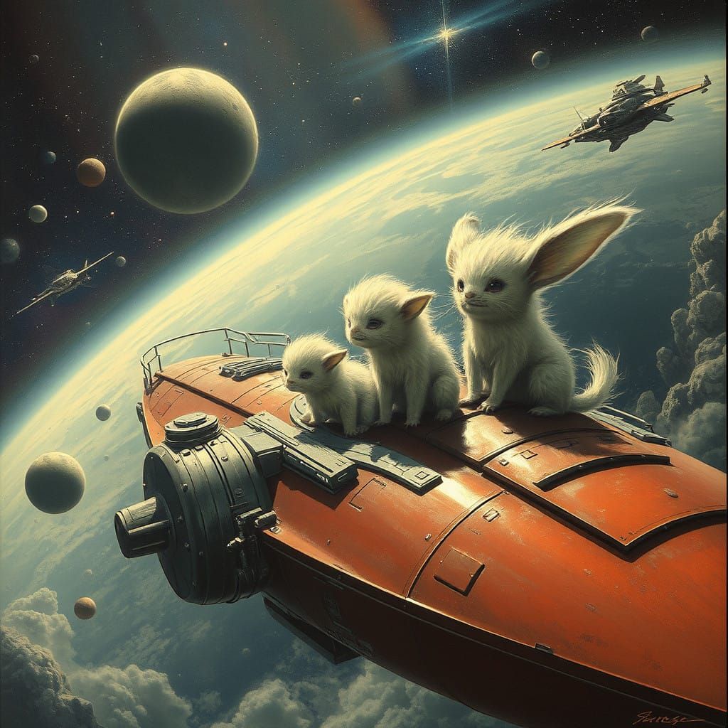 Dreamlike Starship Scene with Fuzzy Alien Companions in a Fu...