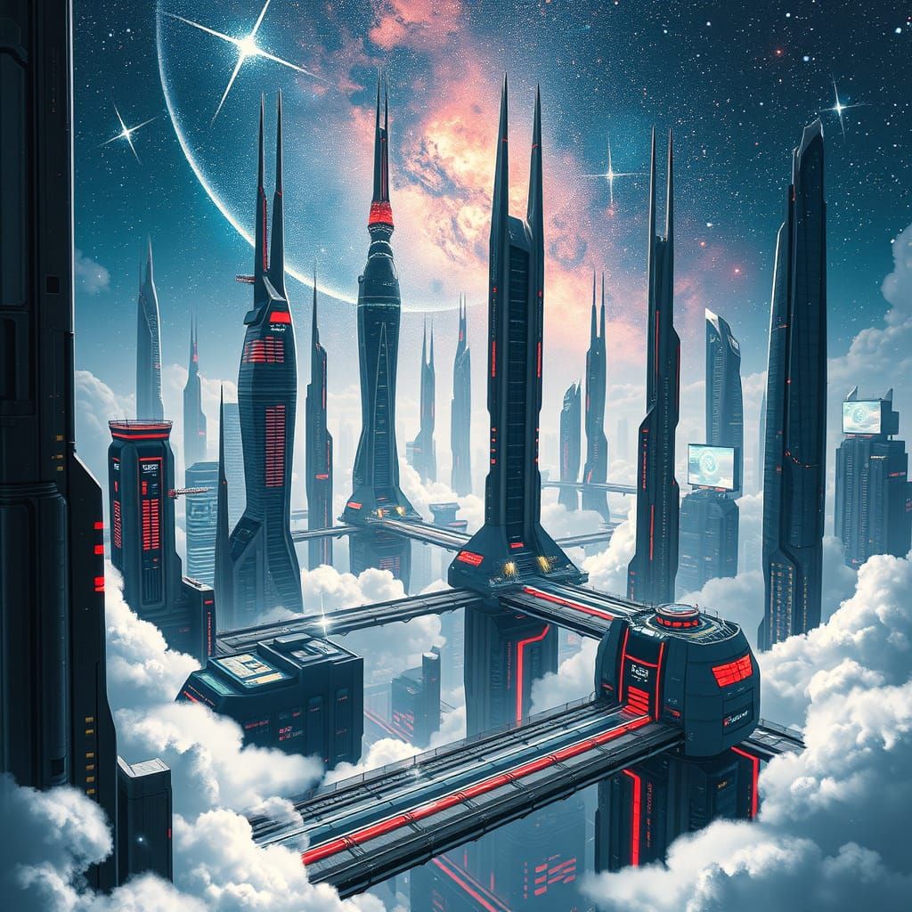 Futuristic Metropolis Floating Among Clouds in Cyberpunk Sty...