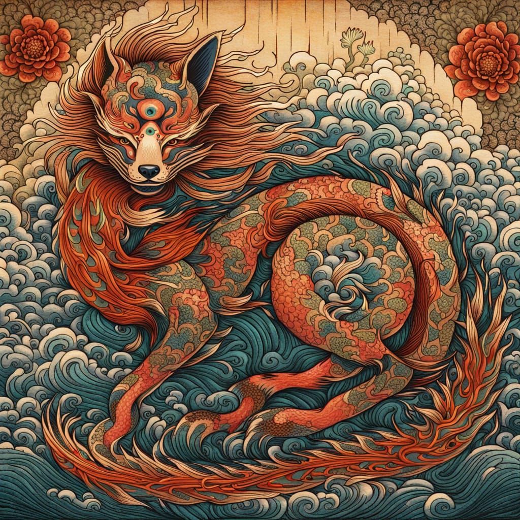 Nine-Tailed Fox Dragon in Japanese Woodblock Style