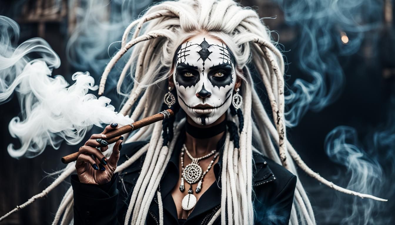 Voodoo Enchantress with White Dreadlocks Smoking Cigar