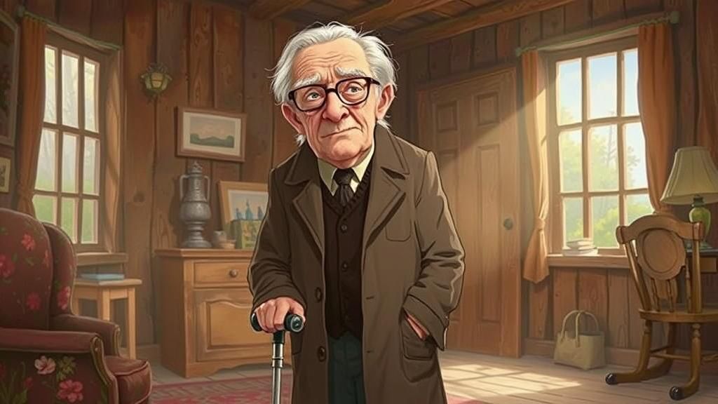 Elderly Man in Cottage, Cartoon Style