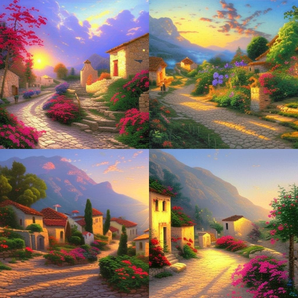 Greek Village Sunrise in Oil Painting Style