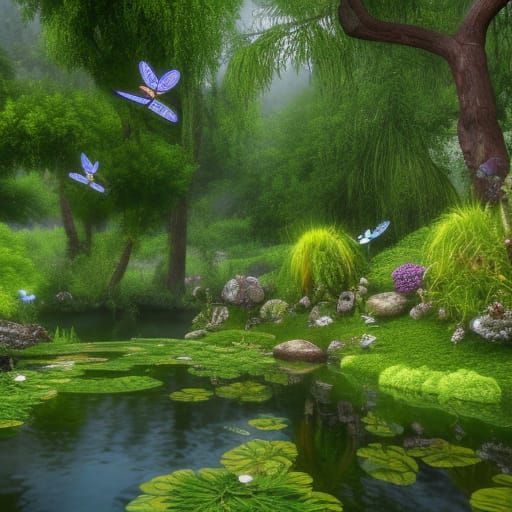 Detailed Pond With Rainbow Trees, 8K 3D Render