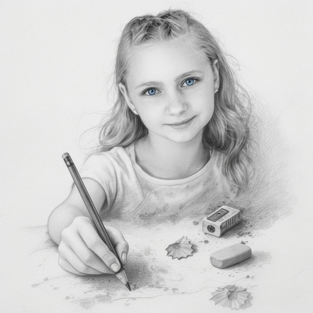 Girl Drawing Herself Into Existence as Photorealistic Sketch