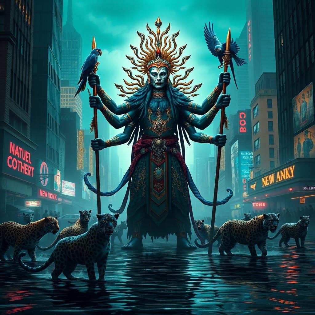 Leopard Shaman in Flooded City, as Digital Art