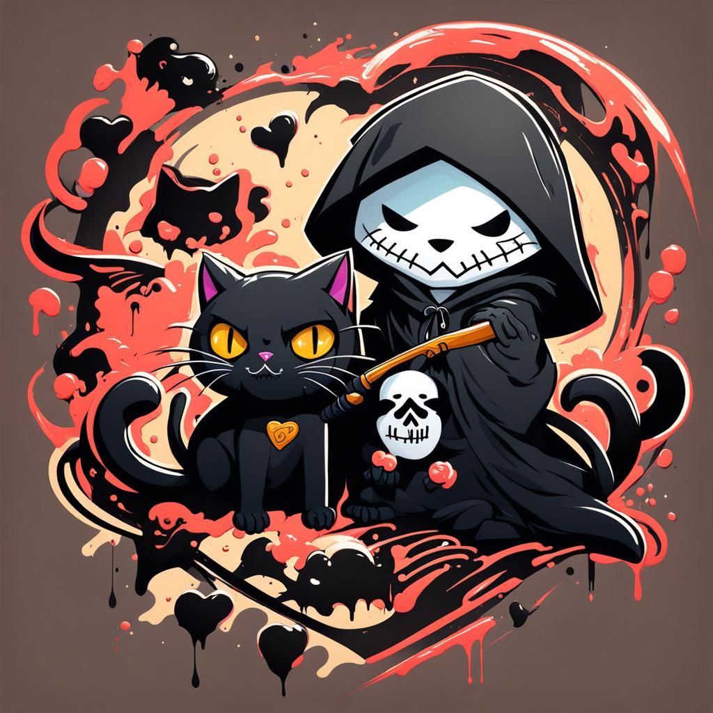 Cute Grim Reaper with Black Cat Graffiti Art