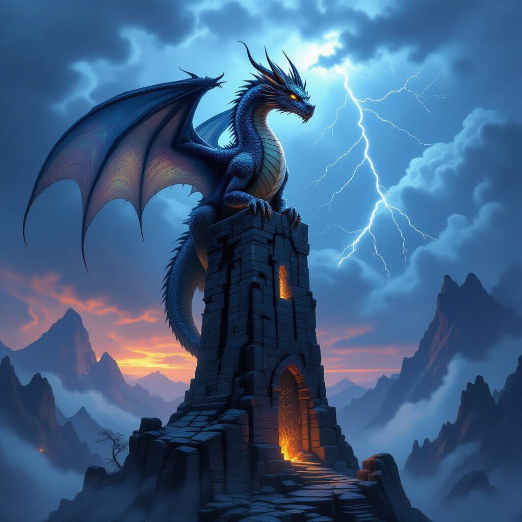Majestic Ancient Dragon on Obsidian Tower in Stormy Twilight