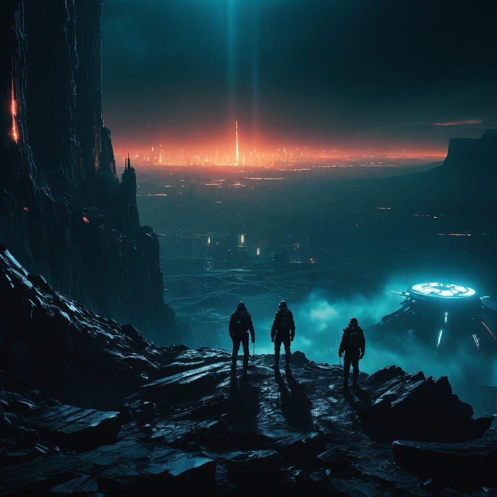 Epic Cyberpunk Landscape: Climbers Stand at the Edge of a Di...