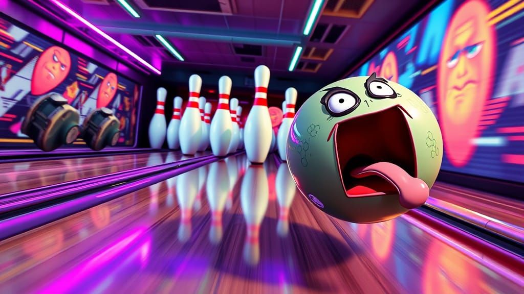 Cartoon Bowling Ball Rolls Toward Armored Pins