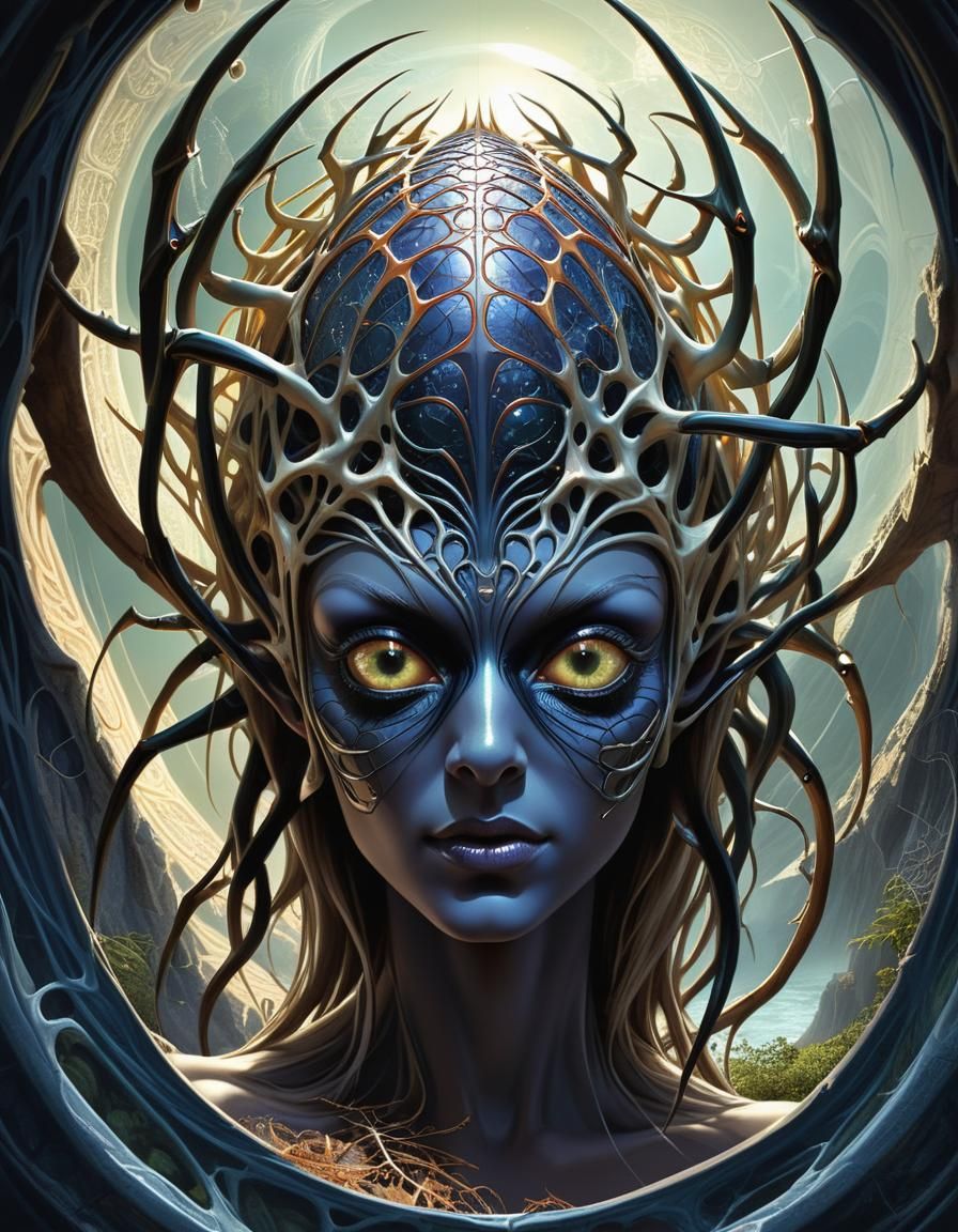 Surreal Spider-God Mask Double Exposure