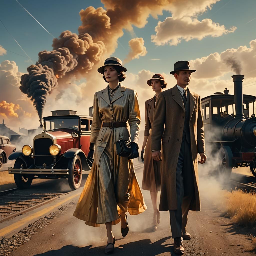 Time Traveler and Wife in 1920s, Vivid Digital Art