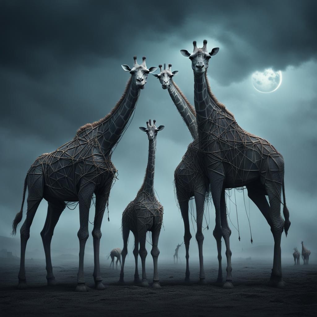 Dystopian String Giraffes in Wasteland, Digital Matte Painti...