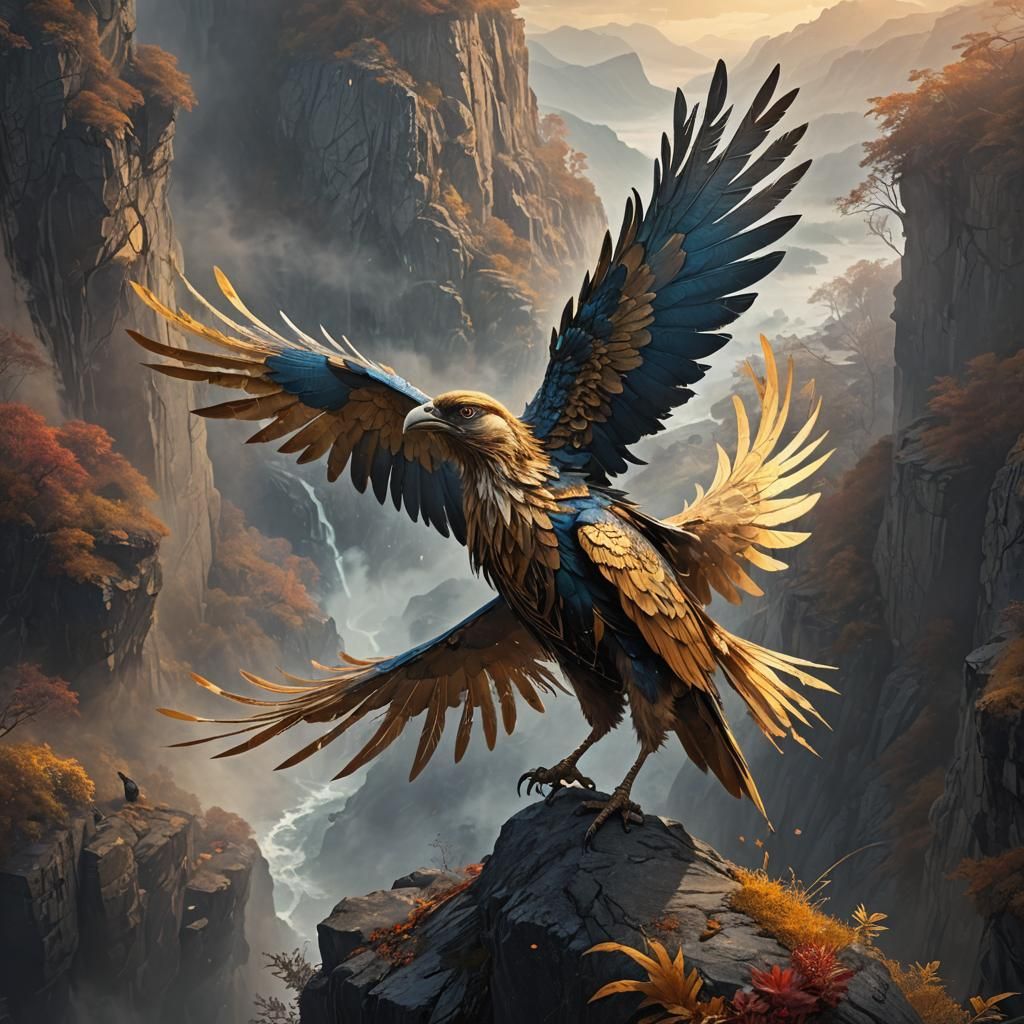 Bird Person on Misty Cliff: Digital Fantasy Art