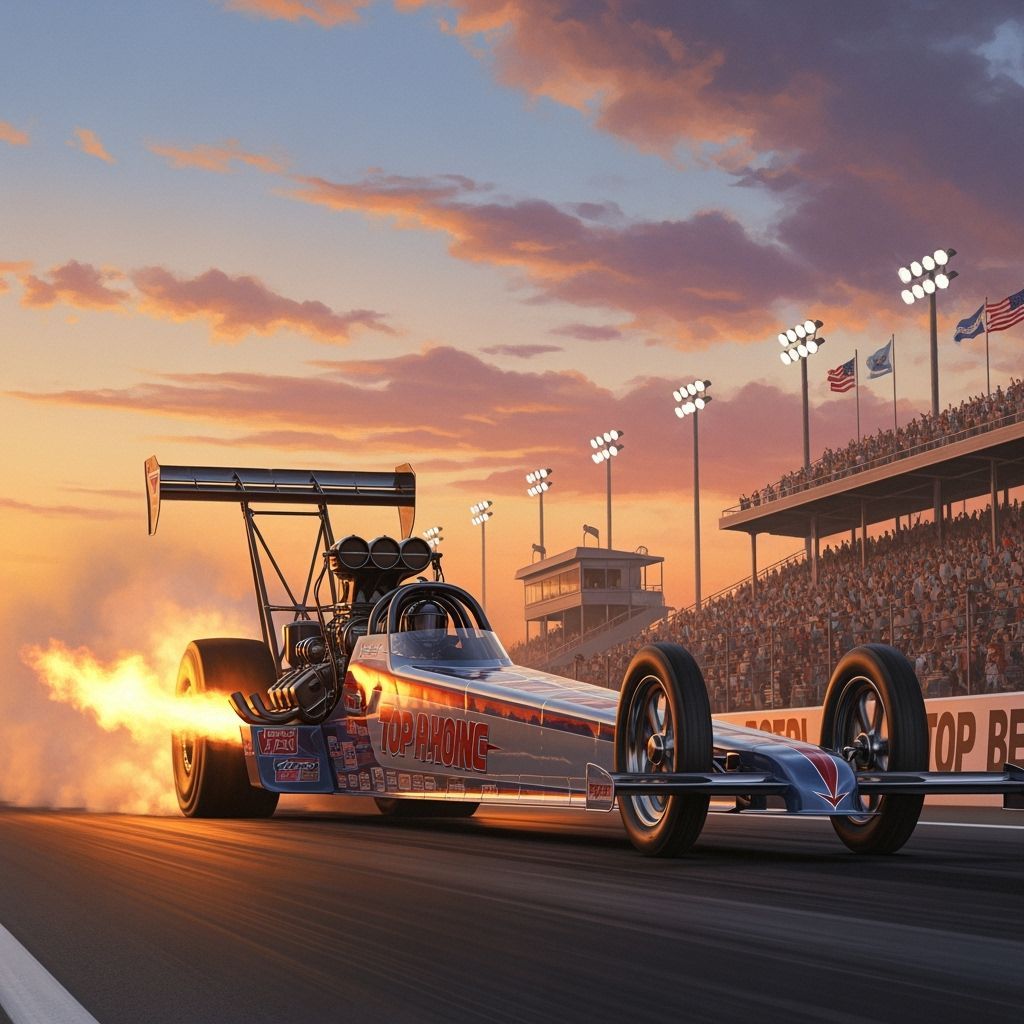 Top Fuel Dragster Speeds at Sunset in Retro-Realistic Style