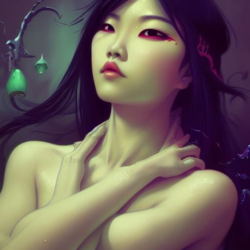 Asian Goth Woman Halloween Portrait in Art Nouveau Style