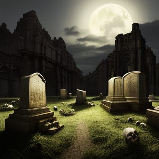 Moonlit Graveyard with Wandering Ghosts