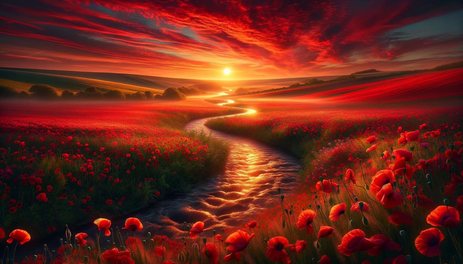 Crimson Poppy Field at Sunset: Photorealistic Fine Art