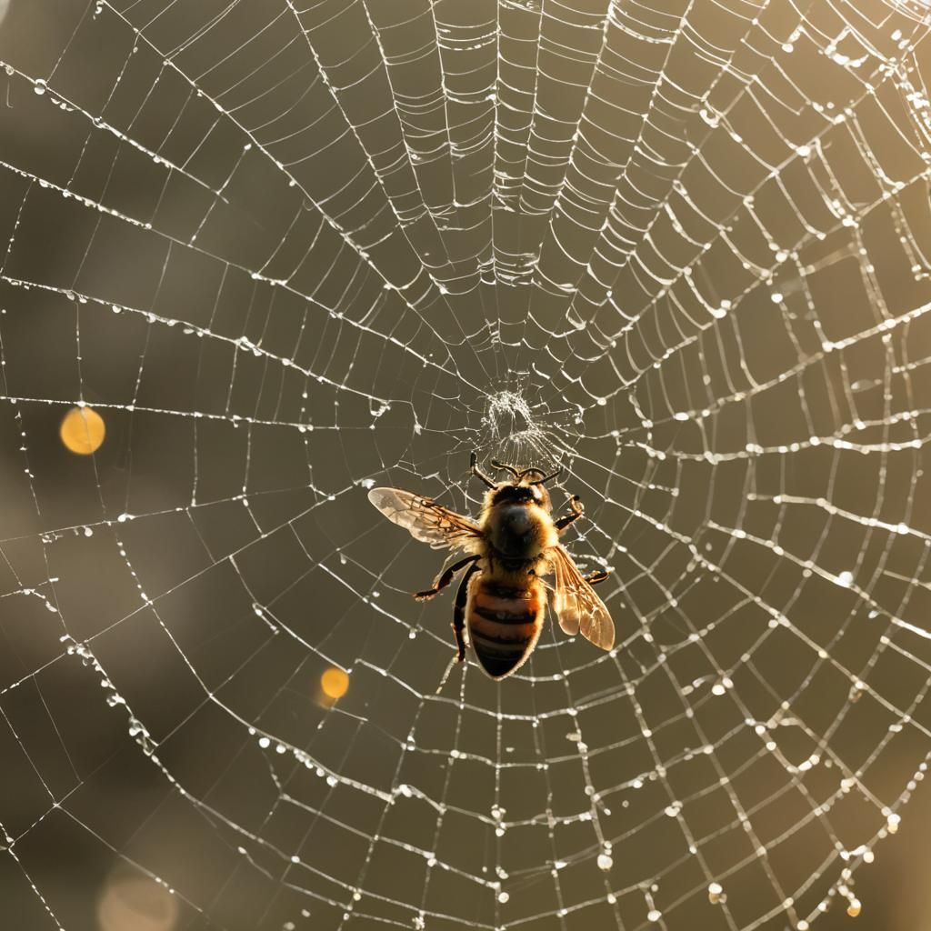 Bee in Spiderweb Cocoon with Golden Droplets