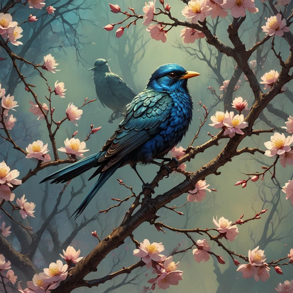 Fantasy Bird on Blossom Tree, Art Nouveau Style
