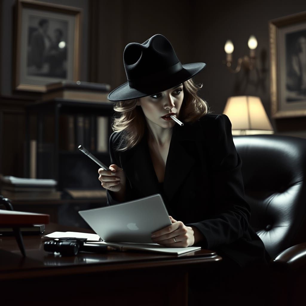 Mysterious Femme Fatale in Detective's Office