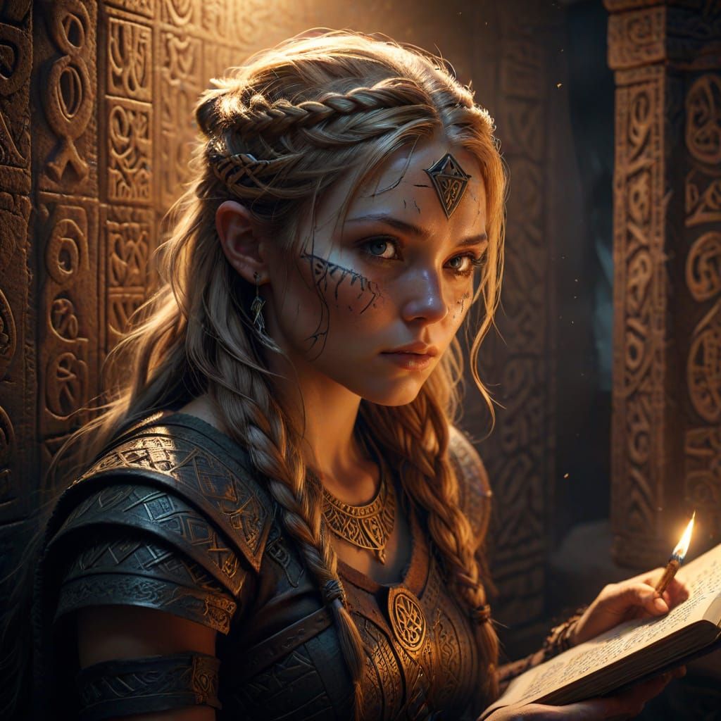 Viking Woman Studying Runes in Dimly Lit Chamber