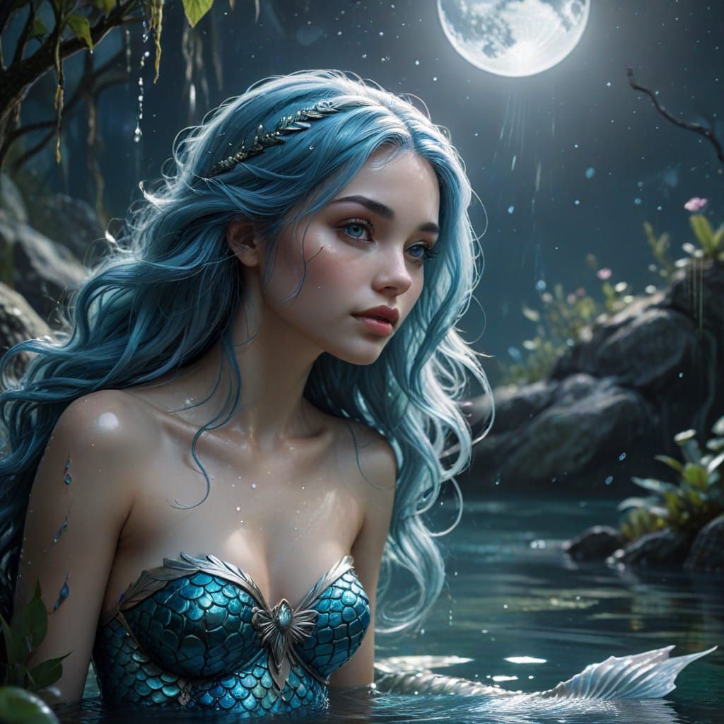 Mermaid with Blue Hair in Moonlit Lagoon