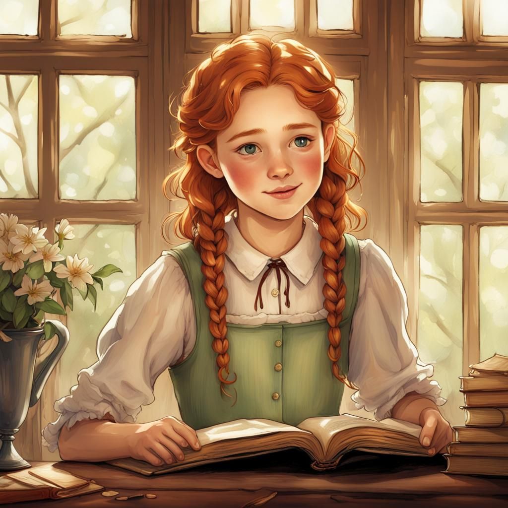 Library Scene with Girl Reading Anne of Green Gables