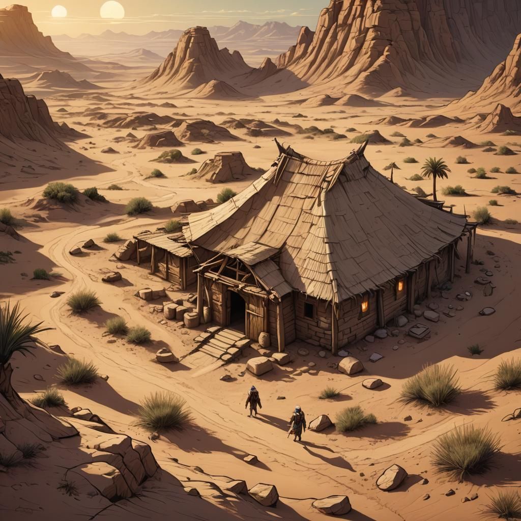 Mesopotamian Hut in Desert: Retro D&D Illustration