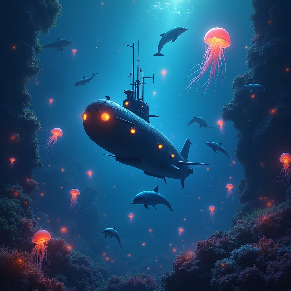 Submarine in a Dreamlike Oceanic Scene