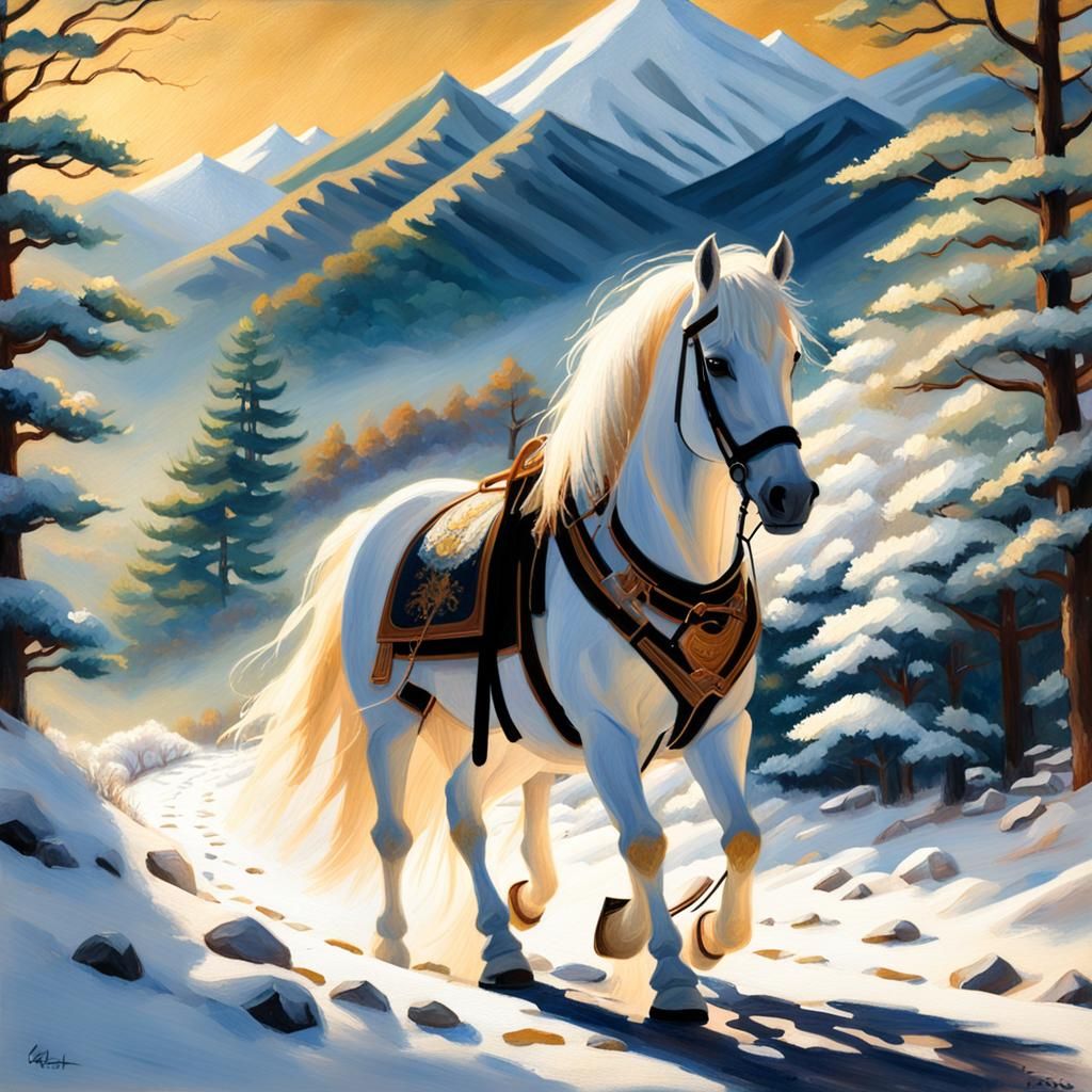 Daimyo Leads Horse on Mountain Path as Oil Painting