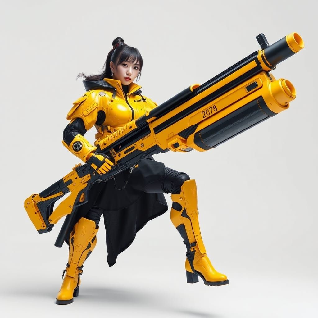 Korean Woman in Cyberpunk Armor with Futuristic Weapon
