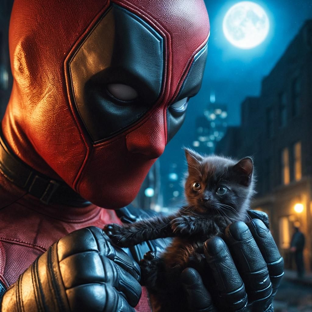 Deadpool and Kitten in Moonlit Alley Photograph