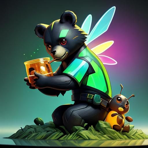 Baby Bear with Honeycomb, Hyperrealistic Splash Art