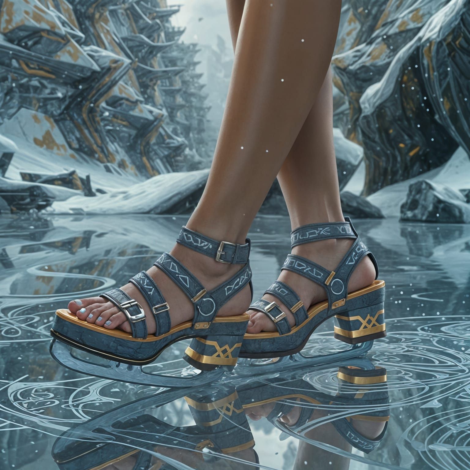 Surreal Goddess Glides Across Frozen Expanse in Grey Platfor...