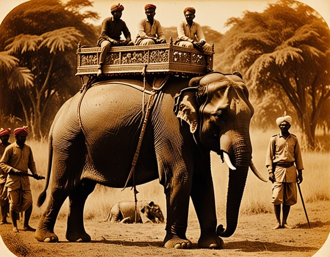 Vintage Sepia Tiger Hunt on Elephant in 19th Century India