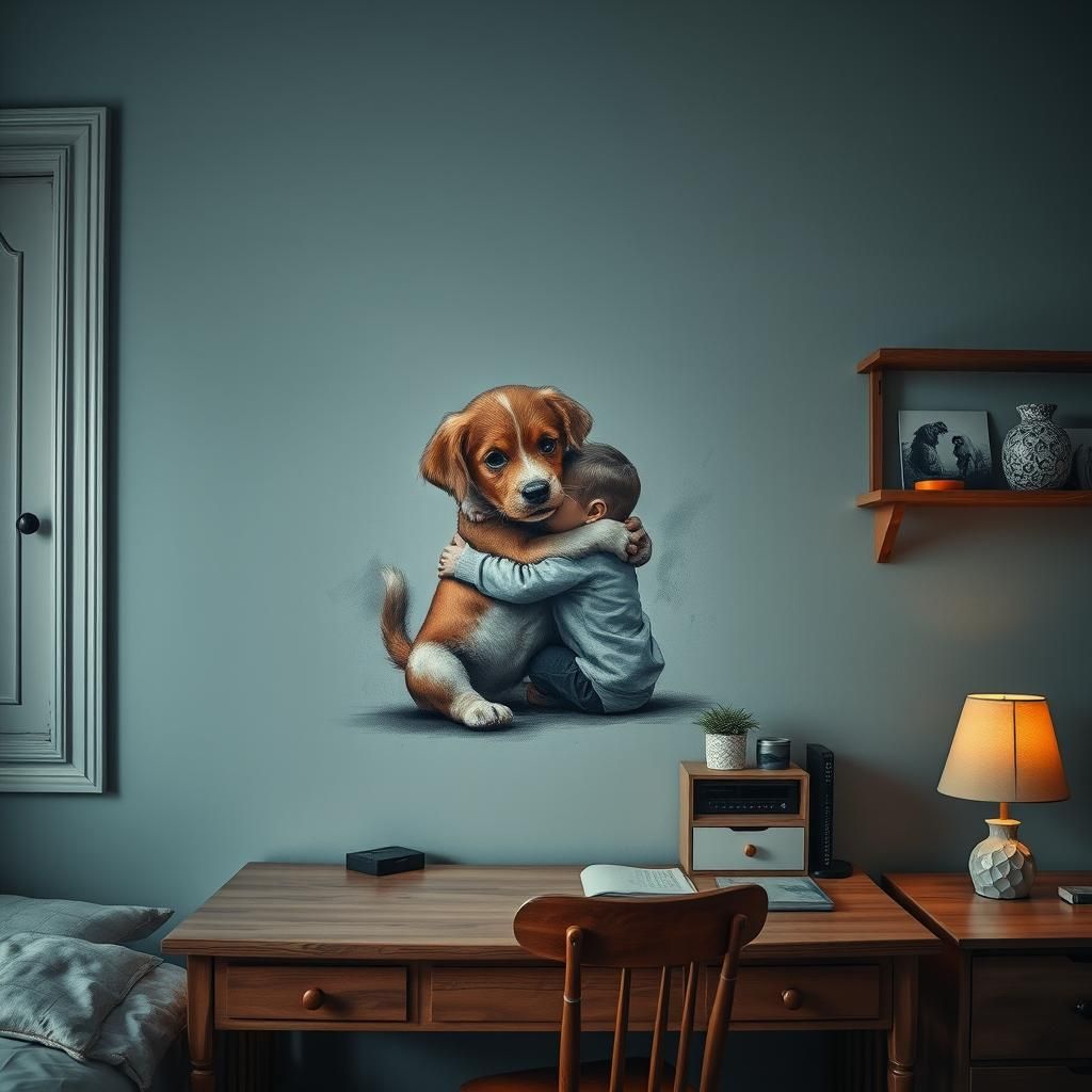 Spray paint a puppy and child hugging on a bedroom wall abov...