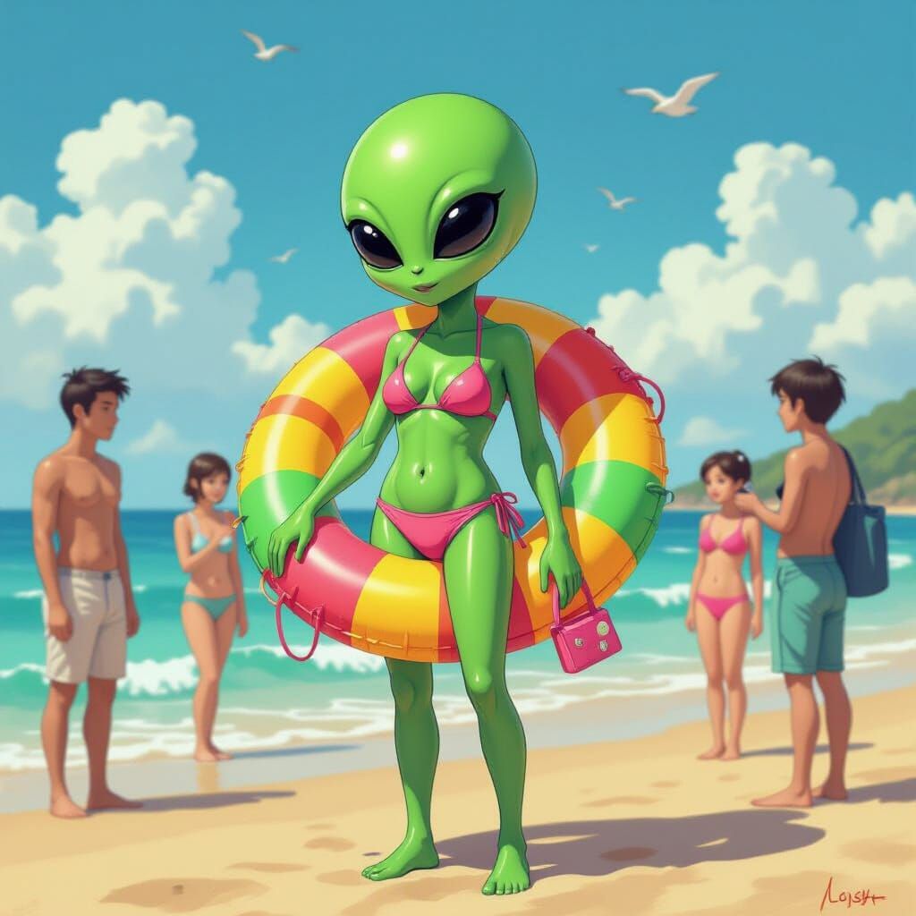 Alien Beach Party in Whimsical Digital Art Style