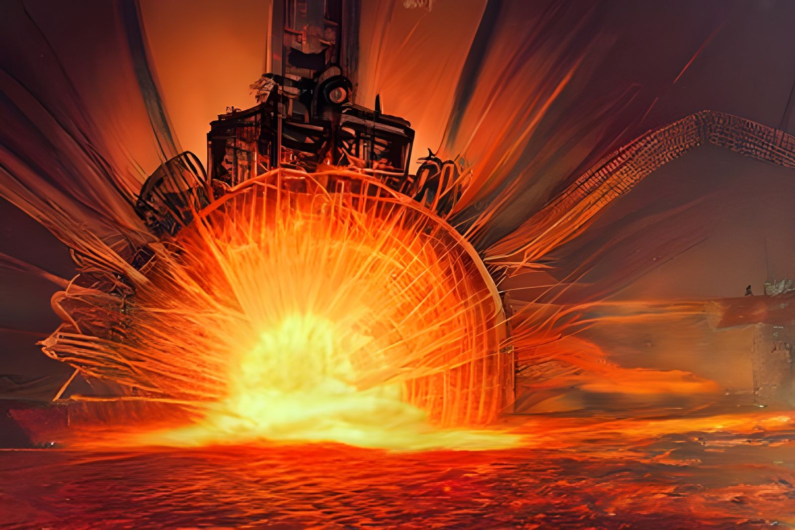 Exploding Steampunk Machine in Flames